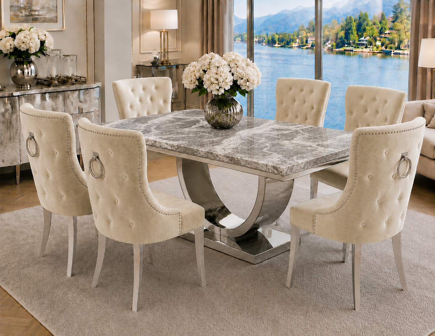 London Kensington Beige Marble Dining Set