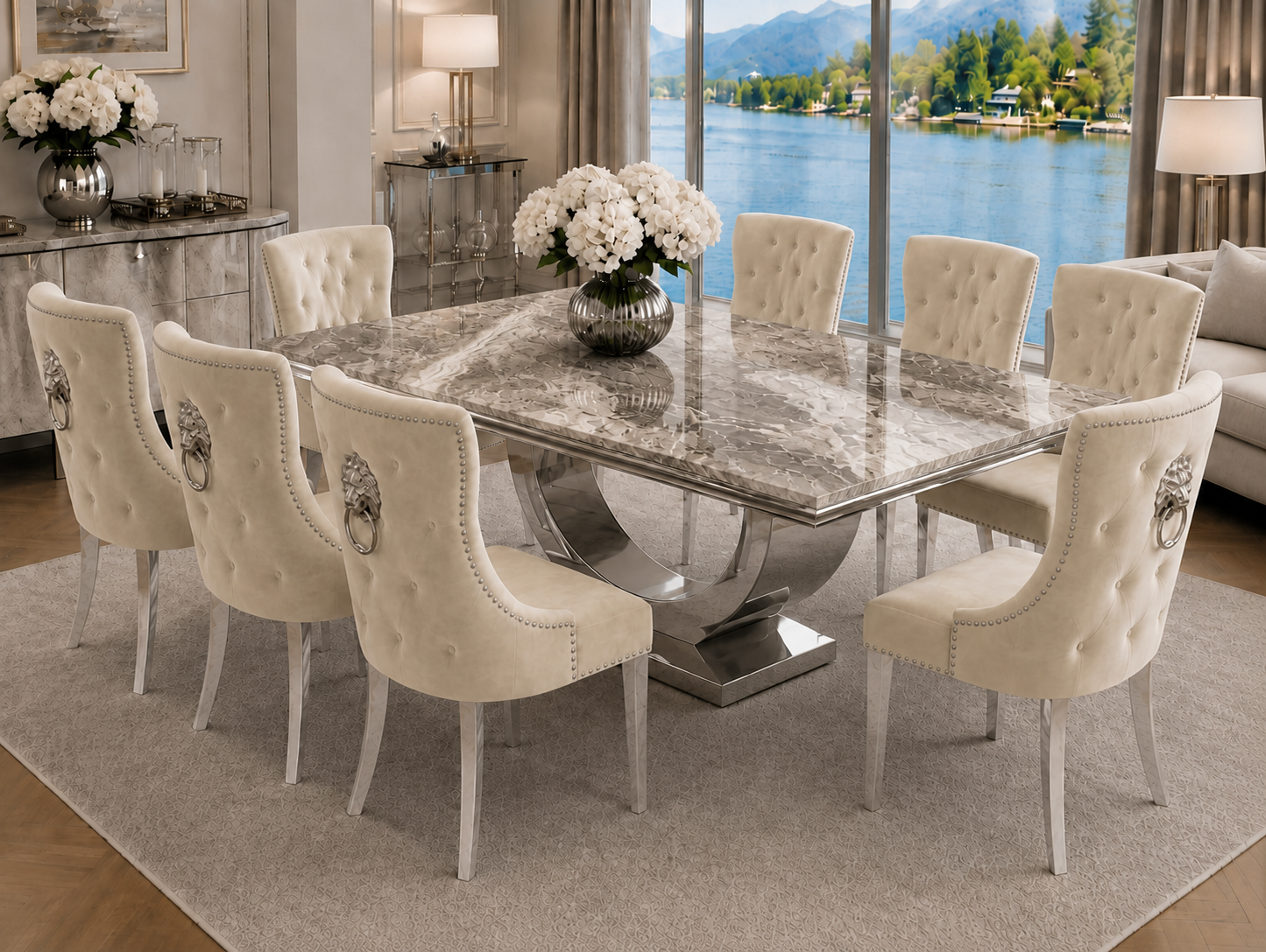 London Kensington Beige Marble Dining Set